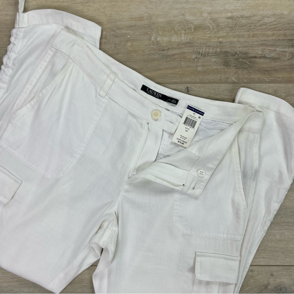 Lauren Ralph Lauren Linen Blend High Rise Pants White Adjustable Length Size 14 - Picture 9 of 11